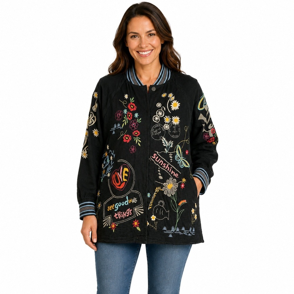 Johnny Was Biya Cardigan Women Large Black Embroidered Boho Sunshine B53023-5